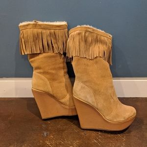 Jessica Simpson Tan fringe wedge boots. Size 7.